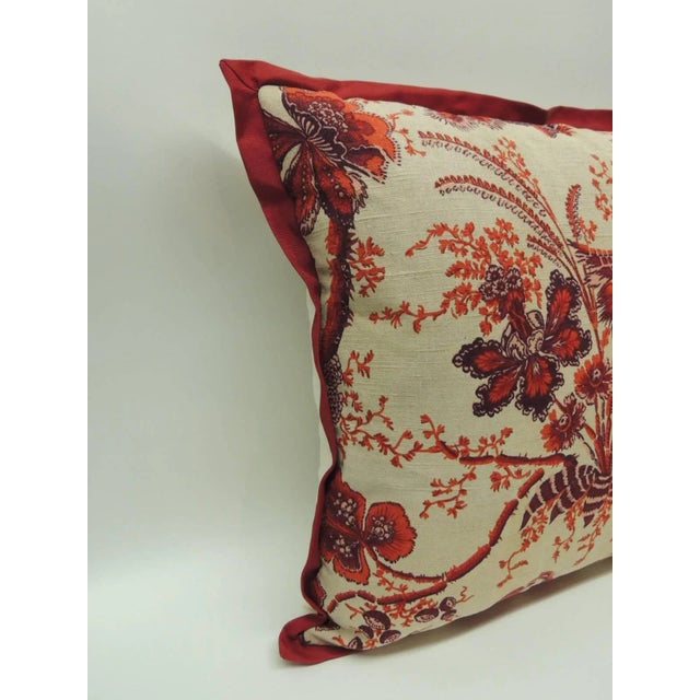 Pair of vintage red French printed linen decorative pillows depicting the tree of life flowers in red and orange with...