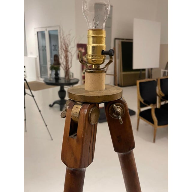Wood Antique Surveyor’s Tripod Floor Lamp in Oak With Brass Hardware, 61” H For Sale - Image 7 of 11