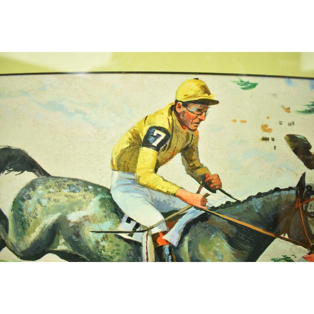 Green Mid 20th Century Three Steeplechase Jockeys Timber Jumping Acrylic Painting For Sale - Image 8 of 9