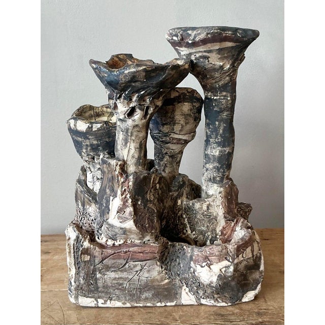 This intensely sculptural piece of vintage studio pottery is a powerful embodiment of the Brutalist aesthetic, emphasizing...