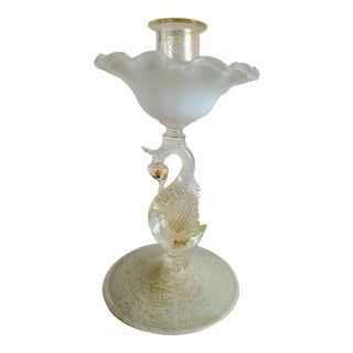 Salviati Murano 1920s White Latticino Glass & Gold Aventurine Swan Candlestick For Sale