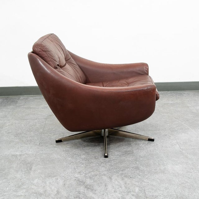 Mid Century Danish Modern Lounge Chairs Swivel Brown Leather Armchair Vintage Vg For Sale - Image 11 of 12