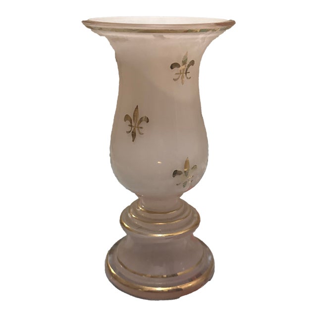 Vintage MCM Fleur De Lis Opaline Glass Vase – White With Gold Accents For Sale