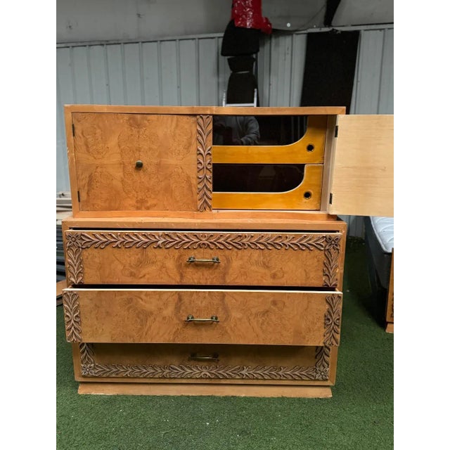 Art Deco Stunning and Very Rare Hand Carved 1950's Bird's Eye Maple Tall Dresser For Sale - Image 3 of 10