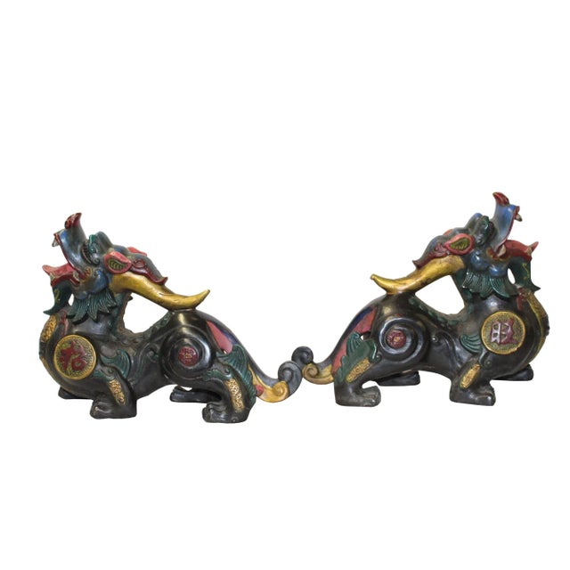 Chinese Metal Color Painted Forturn Fengshui Pixiu Figures - a Pair For Sale - Image 4 of 7