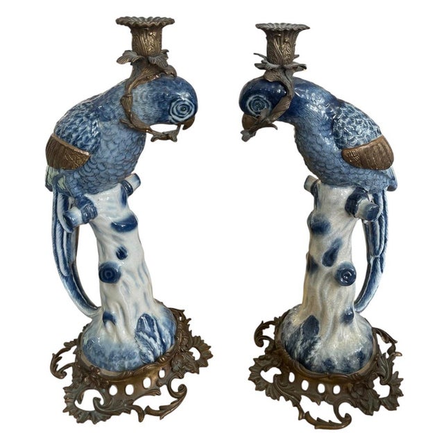 A Pair of Vintage Hollywood Regency Style Blue & White Ceramic Parrot Candle Holders For Sale - Image 4 of 12
