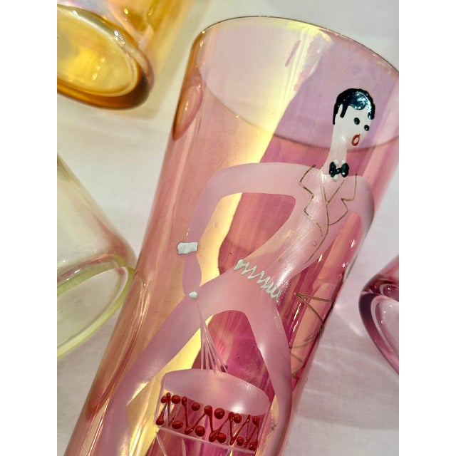 1940s Italian Intaglio Etched & Enameled Luster Glass “Orchestra” Champagnes, Bohemian - Set of 6 For Sale - Image 9 of 12