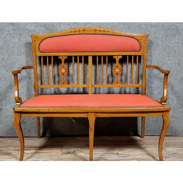 Art Nouveau Bench in Light Wood and Marquetry, 1900 For Sale - Image 6 of 7
