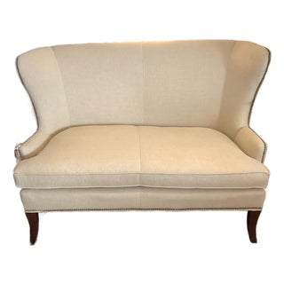 High Back Loveseat in Wheat Color Fabric With Nailheads For Sale