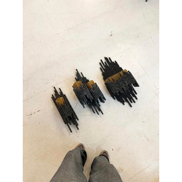 Brown Brutalist Torched Steel and Amber Glass Sconces by Marcello Fantoni, Italy, 1970s, Set of 3 For Sale - Image 8 of 10