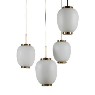 Opaline Glass and Brass Pendant Lamp by Bent Karlby for Lyfa, 1960s, Set of 4 For Sale