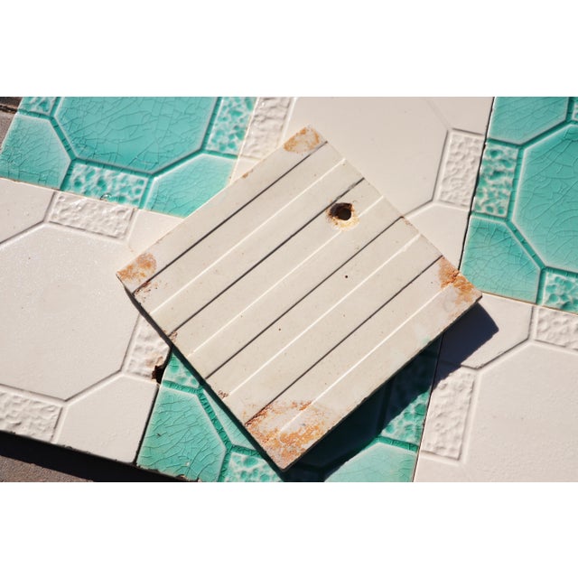 Art Deco Set of Seven Large Portuguese Glazed Tiles Mint Green & White Geometric Design c.1910s For Sale - Image 13 of 13