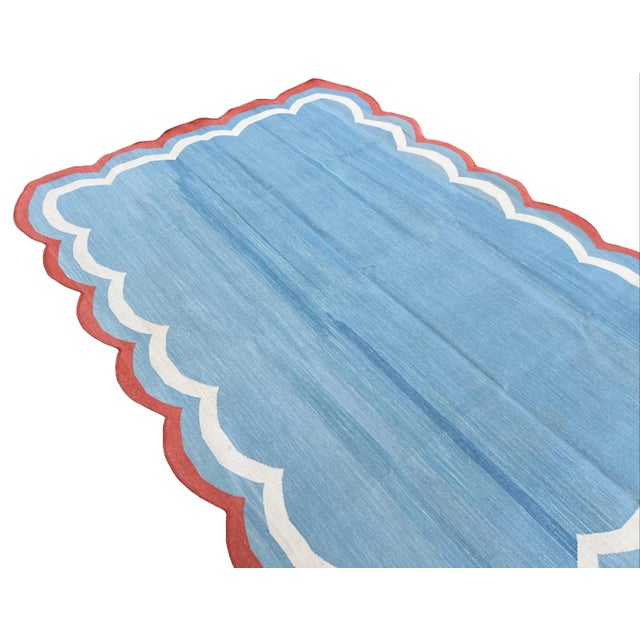 Sky Blue Handmade Cotton Area Rug, Sky Blue Scalloped With Terracotta Border - 8'x10' For Sale - Image 8 of 10