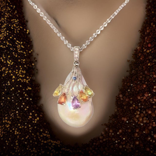 Diamond Sapphire FW Pearl Necklace 14k Gold Italy Certified For Sale - Image 10 of 10