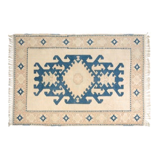 Vintage Hand-Knotted Turkish Kilim Rug in Ivory and Indigo Blue For Sale