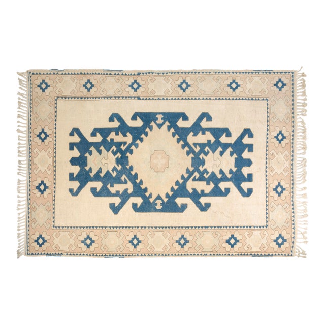 Vintage Hand-Knotted Turkish Kilim Rug in Ivory and Indigo Blue For Sale