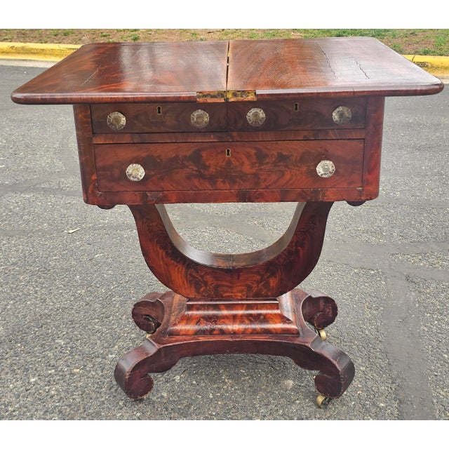 Wood American Empire Crotched Mahogany Swivel Fold Top Work Table, Circa 1830s For Sale - Image 7 of 12
