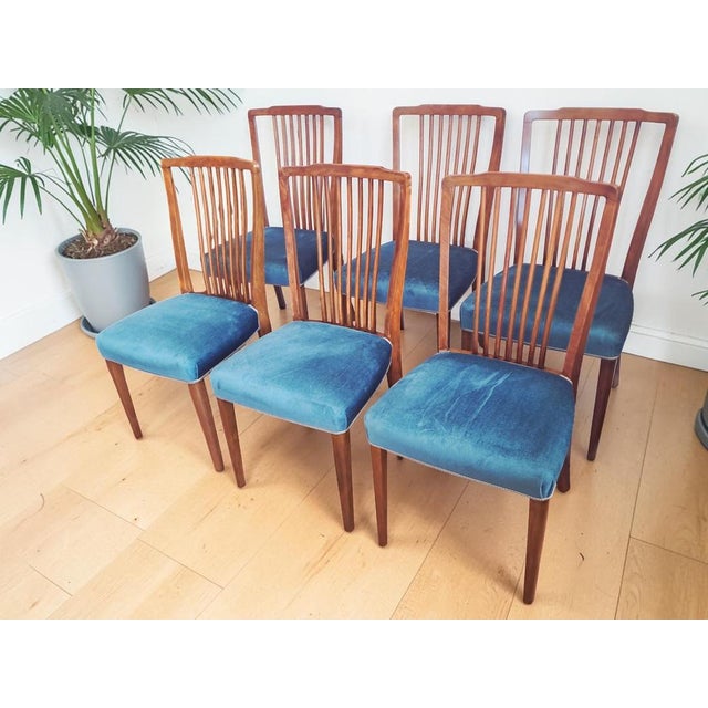 Set of 6 Vintage Mid-Century Dining Chairs – Greaves & Thomas – Teal Blue Velour Upholstery – Circa 1960s - In Good...