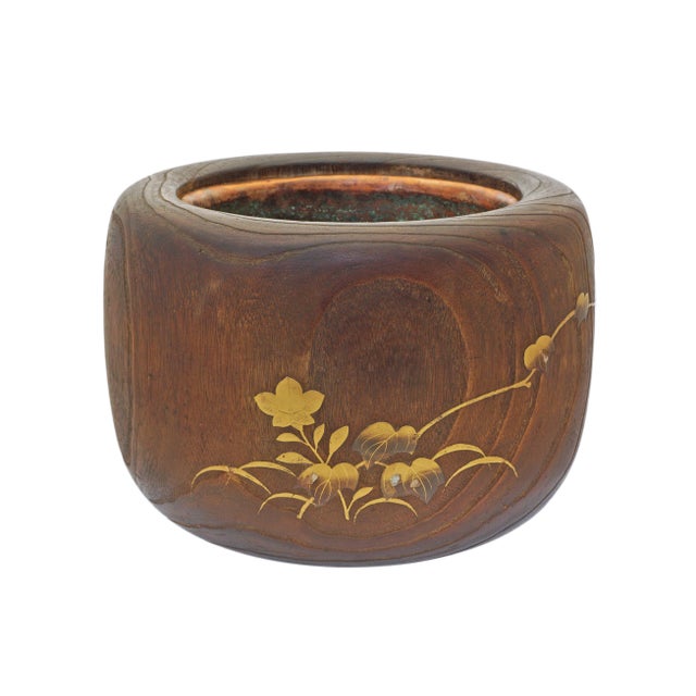 Antique Japanese Inlaid Wood Hibachi Brazier with Copper Liner Cachepot Meiji For Sale - Image 4 of 9