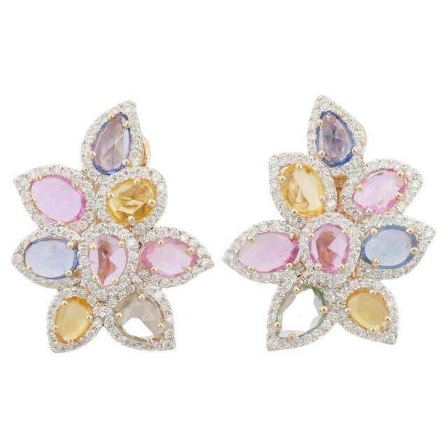 This is part of Chairish’s Fine Jewelry assortment. Multi Sapphire and Diamond Studded Floral Stud Earrings in 14K Gold to...