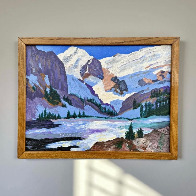 This vintage mid-20th century landscape painting is executed in an expressionist or post-impressionist style, depicting a...