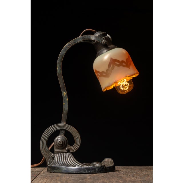 Art Nouveau Early 20th Century Art Nouveau Cast Iron Desk Lamp With Frosted Opalescent Stenciled Shade For Sale - Image 3 of 12