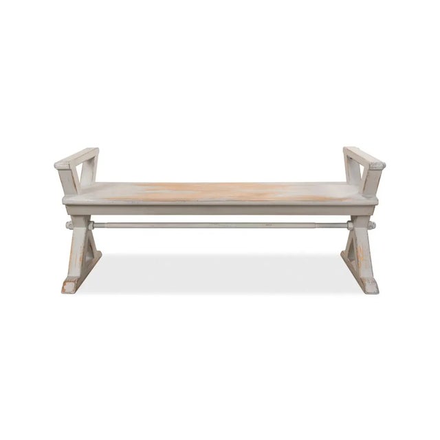 Our antique replica made with recycled pine, gives you a casual look. The X brace legs are joined by a metal stretcher...