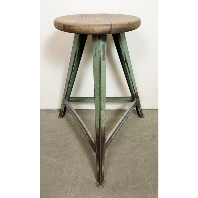 Wood Industrial Green Workshop Stool, 1960s For Sale - Image 7 of 17