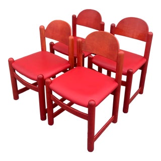Hank Loewenstein Oak and Leather Chairs in Red, 1980s - Set of 4 For Sale