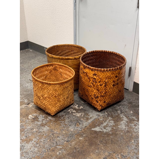 Late 20th Century Vintage Handwoven Wicker Baskets, Set of Three For Sale - Image 5 of 12