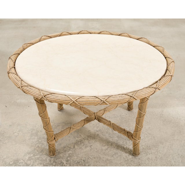 Tan Pair of Danny Ho Fong Organic Modern Rattan Marble Tables For Sale - Image 8 of 18