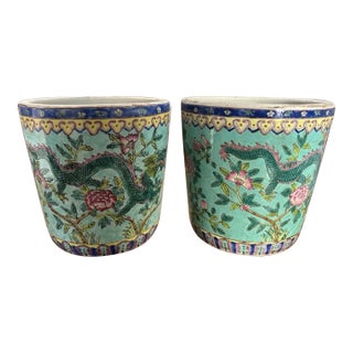 Early to Mid Twentieth Century Famille Famille Rose Turquoise Ground Heavily-Enameled 8” Cachepots With Dragon Motif, a Pair For Sale