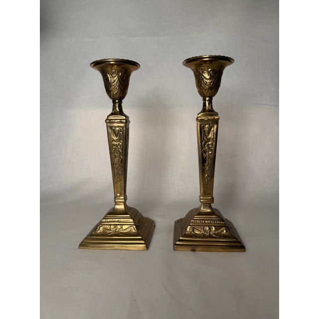 Metal Pair of French Renaissance Solid Brass Candlesticks For Sale - Image 7 of 12