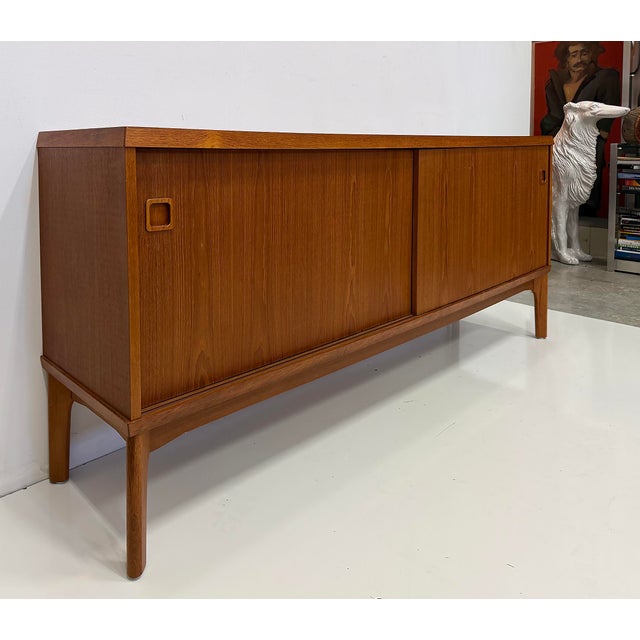 Mid-Century Modern Vintage Danish Modern Teak Credenza Cabinet, Sliding Doors With Inset Pulls For Sale - Image 3 of 7