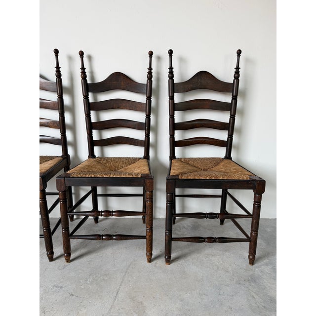 Vintage French Country Style Oak Ladder Back Rush Seat Dining Chairs – Set of 4 For Sale In Miami - Image 6 of 18