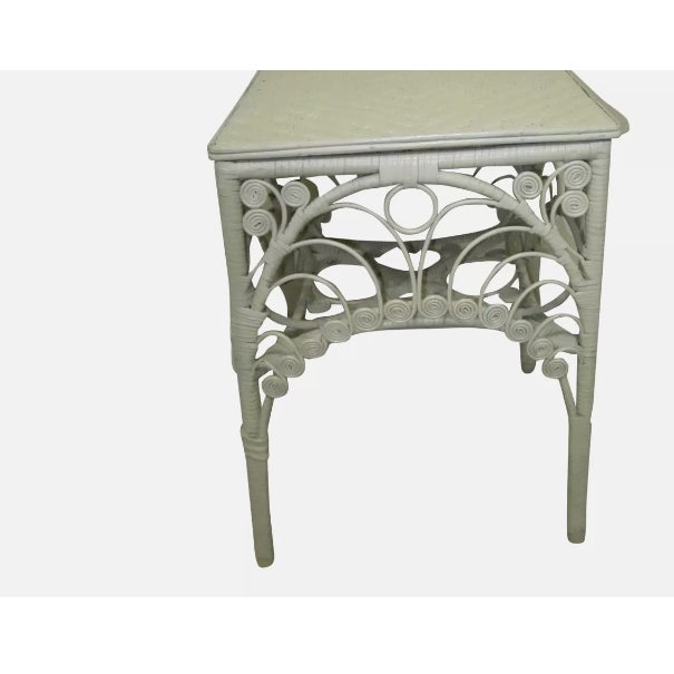 1980s Wicker Rattan Peacock Side Accent Table Coastal Style Ivory Color For Sale - Image 12 of 12
