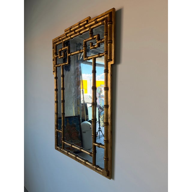 1970’s La Barge Hollywood Regency Faux Bamboo Gilt Greek Key Wall Mirror For Sale - Image 4 of 12