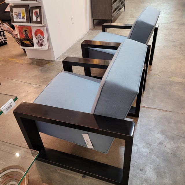 Mid-Century Modern 1990s Pair of Kreiss Modern Armchairs With Sleek Open Arms and Blue Upholstered Cushions For Sale - Image 3 of 6