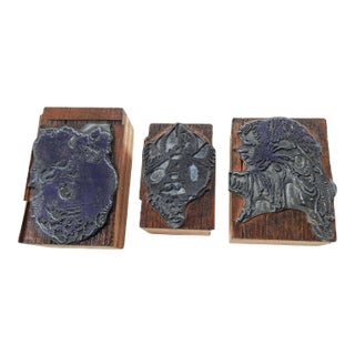 Mid Century Etched Metal & Wood Print Blocks Turban Faces Wings - Set of 3 For Sale