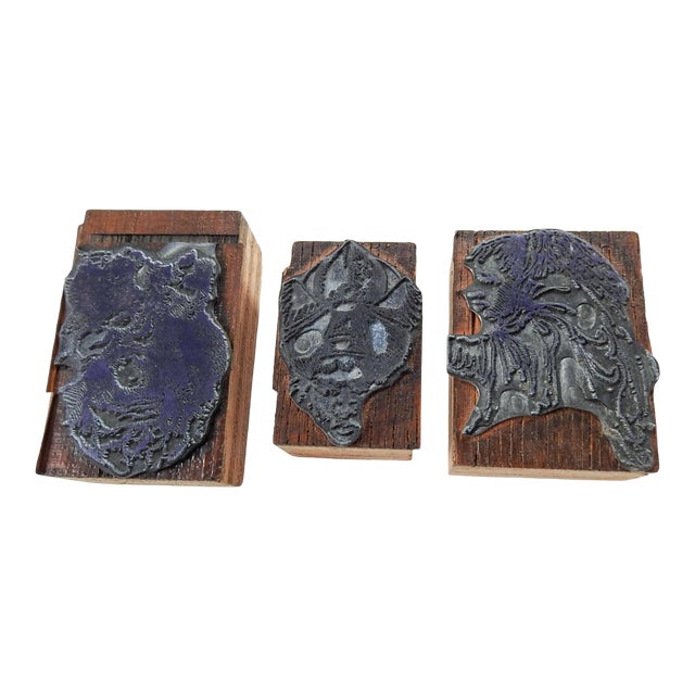 Mid Century Etched Metal & Wood Print Blocks Turban Faces Wings - Set of 3 For Sale