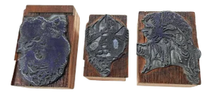 Mid Century Etched Metal & Wood Print Blocks Turban Faces Wings - Set of 3