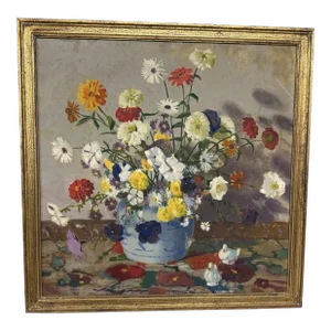 Carl Lawless Gilt Framed Potted Still Life Bouquet Oil Painting on Canvas