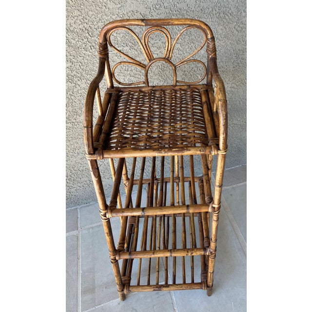 Wood Charming Mid 20th-Century Four-Tier Decorative Tortoiseshell Rattan Storage Shelf For Sale - Image 7 of 17