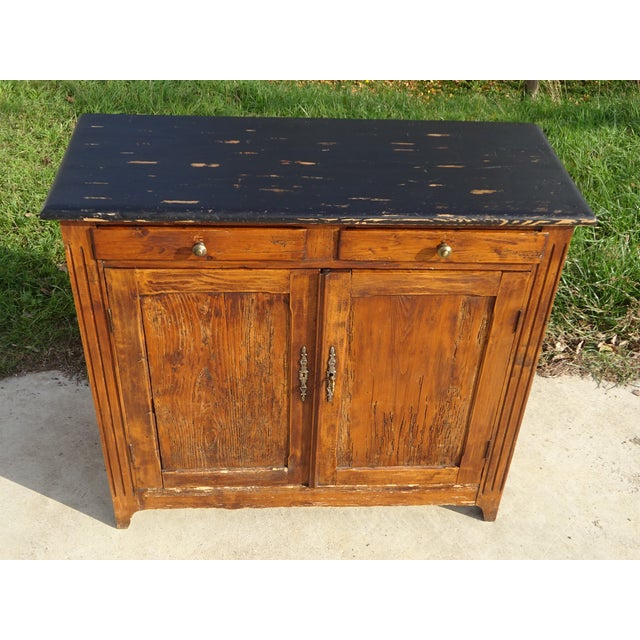 Very old Parisian sideboard, all solid wood, simple and straight, oak color. 2 cm thick pine top. Two drawers with solid...