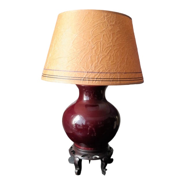 Chinoiserie Vintage Chinoiserie Oxblood Ceramic Lamp With Distressed Parchment Shade For Sale - Image 3 of 10