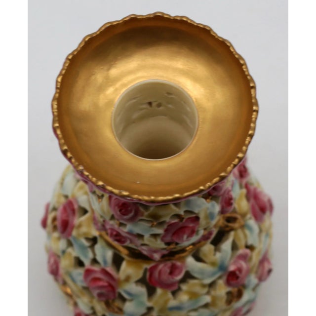 Rose Zsolnay Pécs Applied Rose Reticulated Vase With Gilt, C. 1895–1915 For Sale - Image 8 of 9