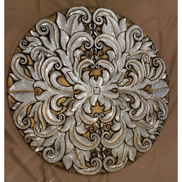 Oversized Baroque Filigree Round Carved Medallion Wall Plaque With Metallic Micro-Beading For Sale - Image 4 of 12