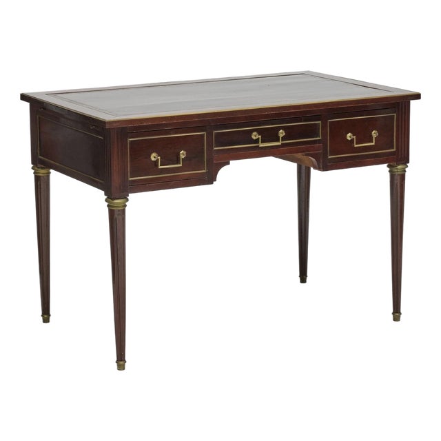 French Louis XVI Style Brass Mounted Writing Desk. Black Leather Top For Sale