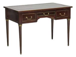 French Louis XVI Style Brass Mounted Writing Desk. Black Leather Top