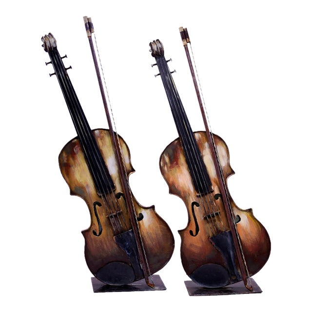 Vintage Decorative Ornamental Metal Sculpture Violin With Bow - a Pair For Sale